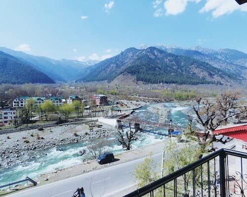 View overlooking the Lidder River and Wargan Foot Bridge area from Hotel Rafting Heights Pahalgam